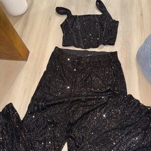Fashion Nova Black Sequin Crop Top & Skirt Set